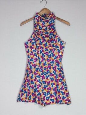Corny Girl California Mod Lady Hat Print Mock Neck Skater Romper Dress